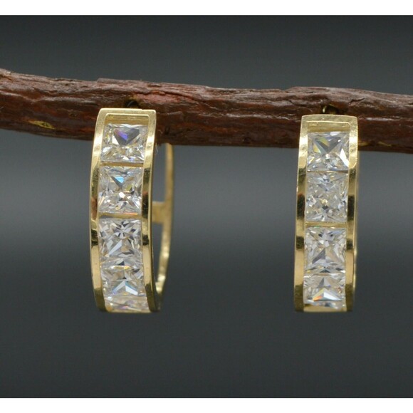 10k Solid Gold Channel-Set CZ Hoop Earrings14mmX4.3mm 2.4GR
